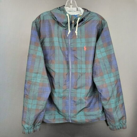 Polo Ralph Lauren Packable Hooded Jacket M Black Watch Plaid Tartan Full Zip